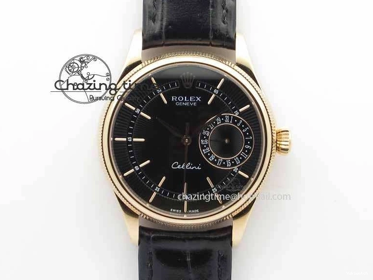 Black RG A3165 Dial Leather Date On Stick Best Edition Strap VF Cellini Markers Black 0708